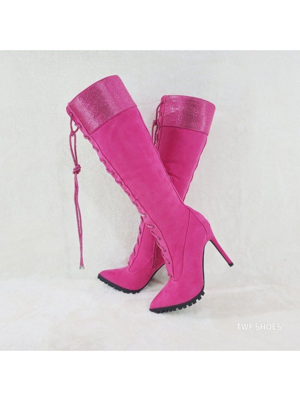 Queens FX Suede & Rhinestone Pointy Toe High Heels Stiletto Lace Up Knee Boots - Picture 5 of 14